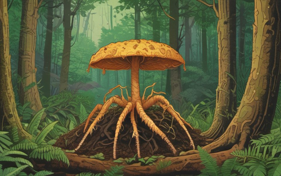 Гриб Cordyceps, паразитирующий на личинке цикады, на фоне лесной подстилки