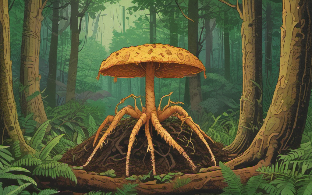 Гриб Cordyceps, паразитирующий на личинке цикады, на фоне лесной подстилки
