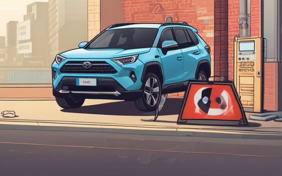 ИИ-иллюстрация: Toyota RAV4 Plug-in Hybrid рядом с предупреждающим знаком и диагностическим ноутбуком