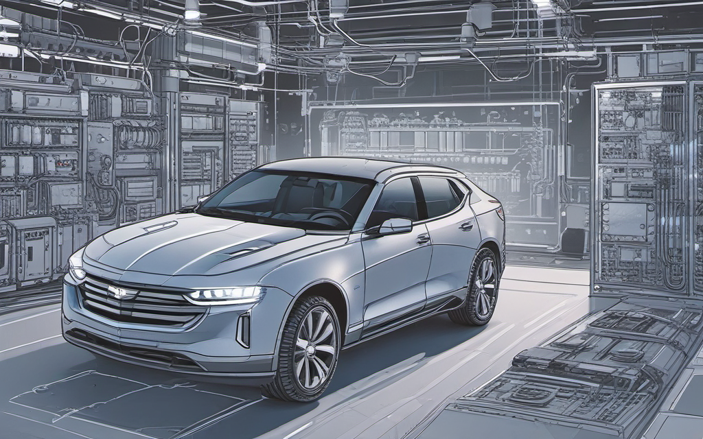 ИИ-иллюстрация: автомобиль GM рядом с центральным вычислительным модулем и схемой батареи