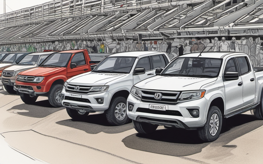 ИИ-иллюстрация: пикап Mitsubishi Triton рядом с прототипом Honda на площадке автопроизводителя