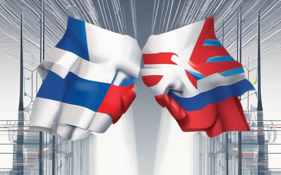 Флаги России и Словакии на фоне рукопожатия и энергетических линий